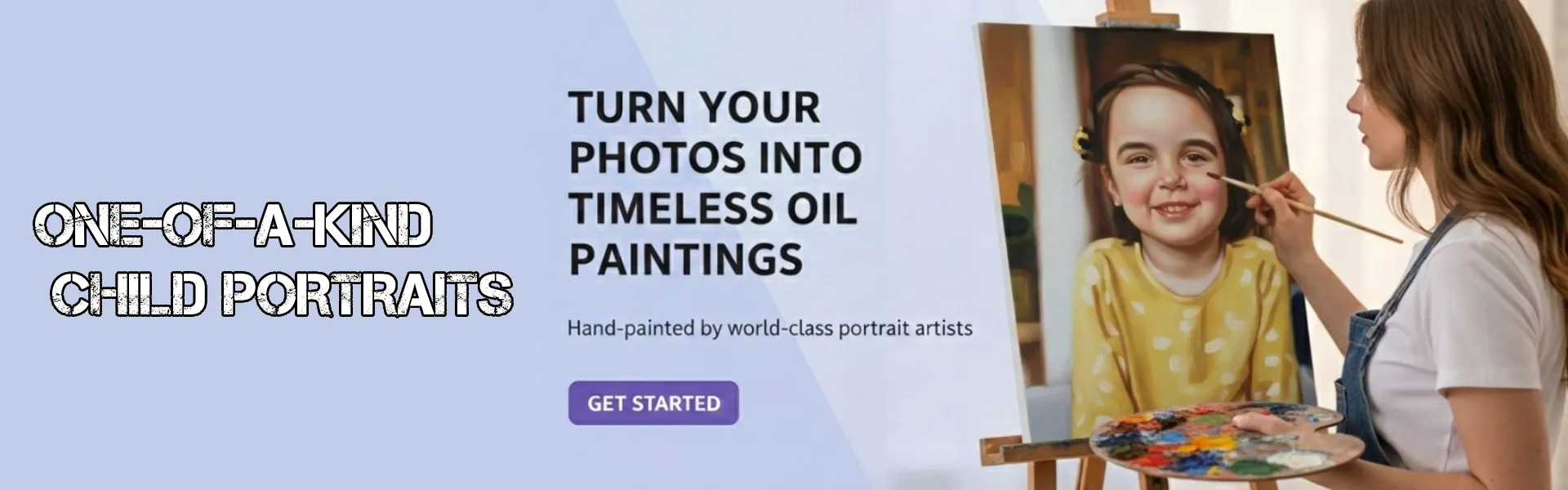 Custom oil painting service showing an artist hand‑painting a child’s portrait from a photo, promoting one‑of‑a‑kind child portraits and timeless hand‑painted artwork.